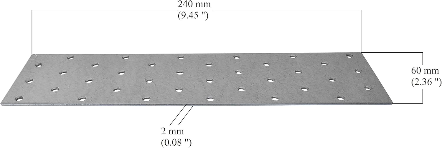 Flat Connecting Joining Plate Timber Wood Fixing Galvanised Heavy Duty Brace Bracket Perforated Metal Steel Sheet 9.45"x 2.36"x 0.08" (240 x 60 x 2mm) Pack of 5pcs - Image 3