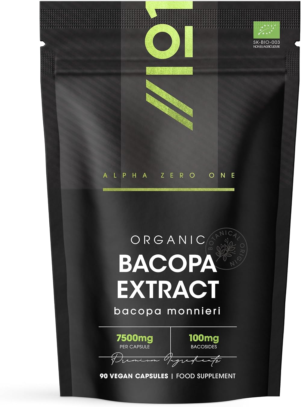 ALPHA01 Organic Bacopa Monnieri 7500mg 100mg Bacosesides 90 Caps