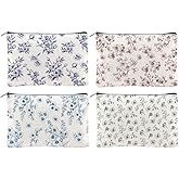 Hobbspring 4Pcs Flower Makeup Bags 5.91x9.06 inch Orchid Roses Daisy Canvas Cosmetic Bags with Zipper Canvas Travel Toiletry Pouches for Women Party Shopping Home Travel Accessories