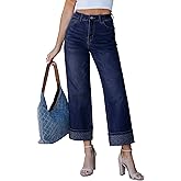 GRAPENT Wide Leg Jeans for Women Trendy Cropped High Waisted Printed Fold Hem Loose Straight Leg Stretchy Denim Pants
