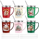 Maxcheck 6 Pcs Christmas Coffee Mugs Cups 16 oz Merry Christmas Stainless Steel Insulated Tumblers Bulk with Handle Lid Straw Brushes Red Green Xmas Tree Santa Claus Mug Gifts for Winter Holiday Party