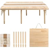 PSDRV 44" x 22" Boho Low Picnic Table, Folding Solid Wood Construction | Foldable Table with Adjustable Legs &amp; Tablecloth, Indoor &amp; Outdoor Use for Warm Family Gatherings, Crafts, Kids Play, Parties