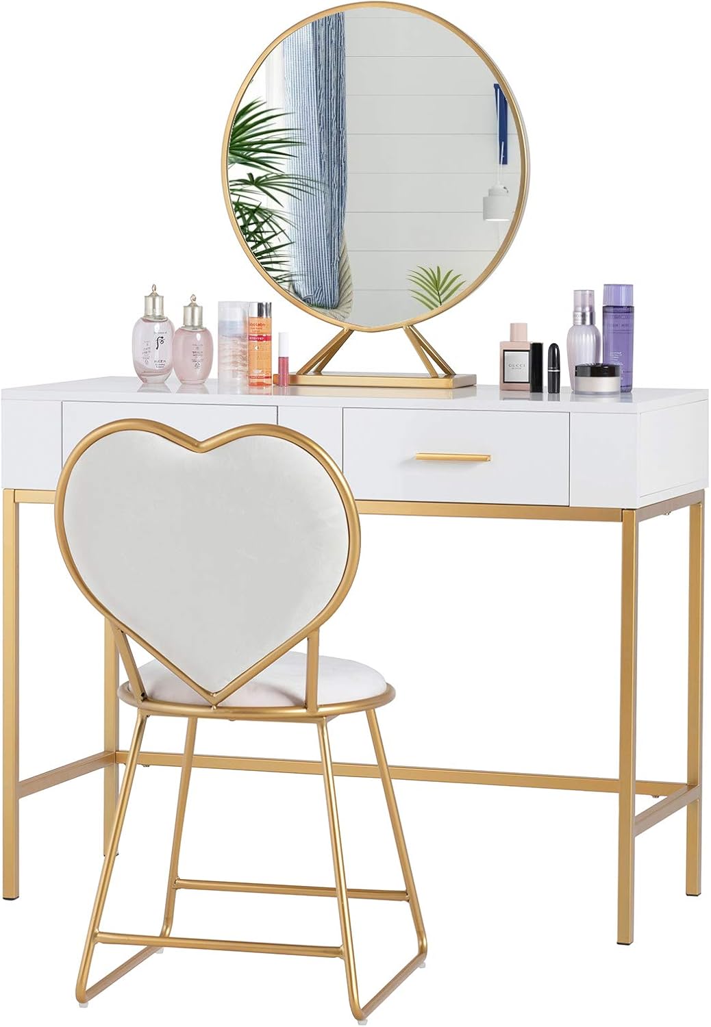Mecor Vanity Table Set,Large Round Removable Mirror,Wood and Metal Makeup Vanity Heart Shape Cushioned Stool,Home Office Desk Girls Women Bedroom Furniture White