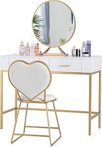 Mecor Vanity Table Set,Large Round Removable Mirror,Wood and Metal Makeup Vanity Heart Shape Cushioned Stool,Home Office Desk Girls Women Bedroom Furniture White