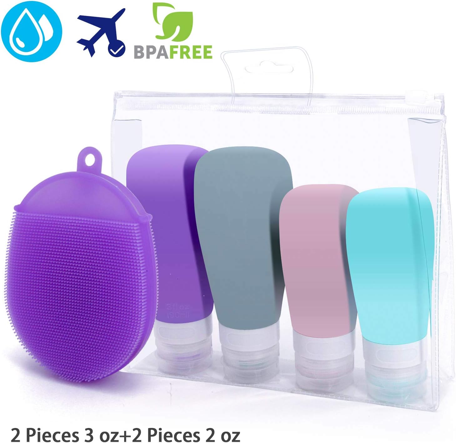 Leakproof Silicone Travel Bottles Set - Refillable & Squeezable Cosmetic Containers With Toiletry Bag - Silicone Bath Brush Included - Portable Travel Bottles For Toiletries Shampoo Conditioner Soap