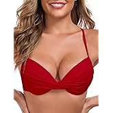 Colloyes Women's Push Up Bikini Tops Ruched Twist Front Swimsuit Top Underwire Molded Bathing Suit