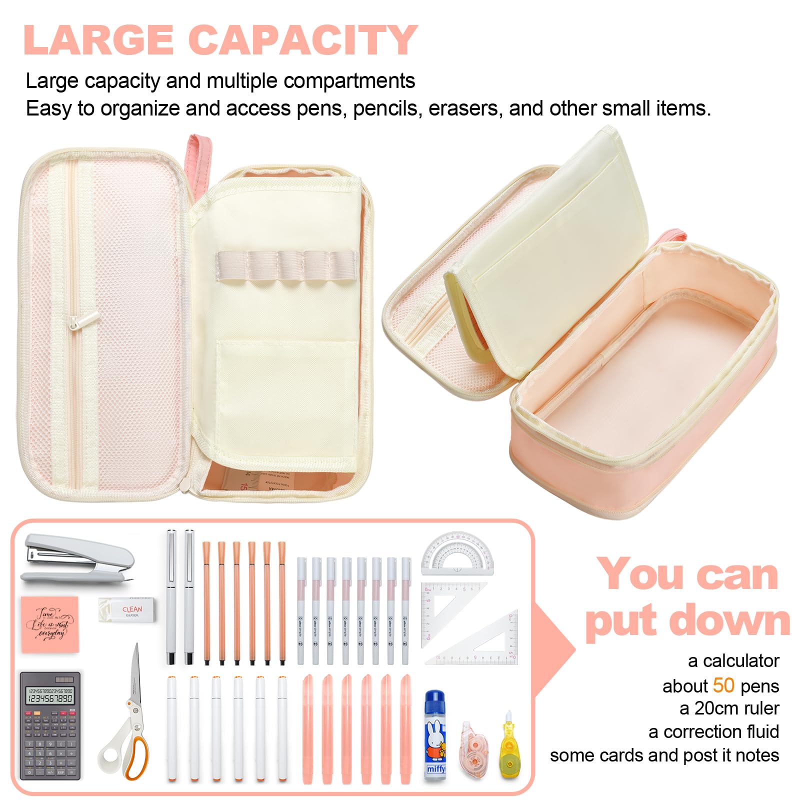 YOKUMA Pencil Case Cute Pencil Pouch for Girls Big Capacity Pen Bag Box, Kawaii Aesthetic College School Supplies for Student Teen Adults Preppy, Pink