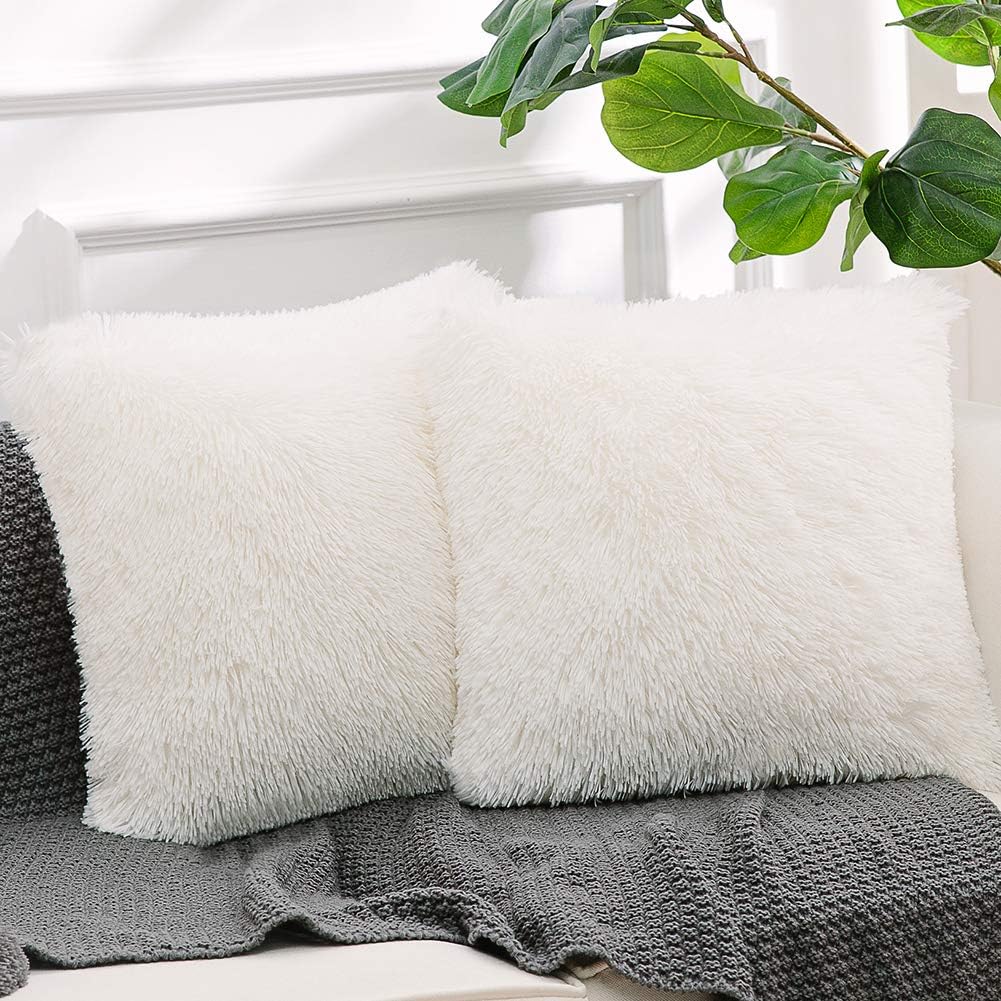 NordECO HOME Luxury Soft Faux Fur Fleece Cushion Cover Pillowcase Decorative Throw Pillows Covers, No Pillow Insert, 18" x 18" Inch, White, 2 Pack: Home & Kitchen