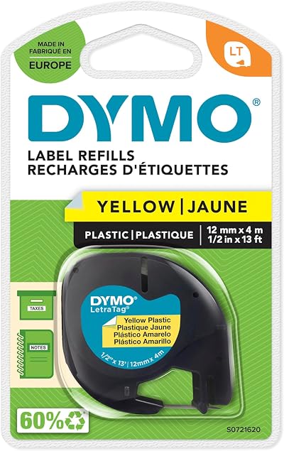 Dymo LetraTag Plastic Labels 12 mm x 4 m Black on Yellow Multipurpose