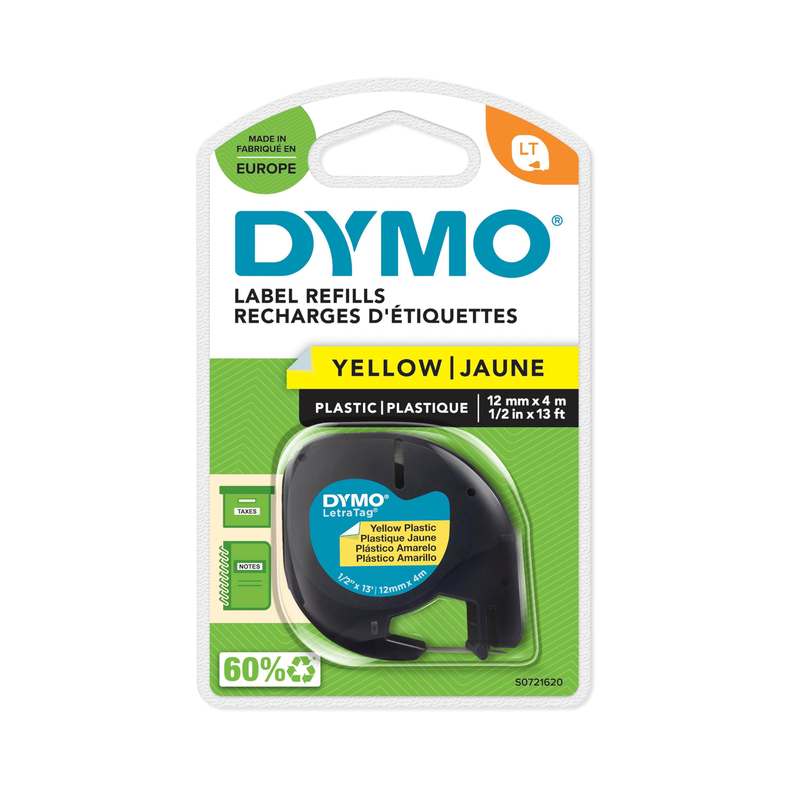 DYMO Branded LetraTag Plastic Labels | 12 mm x 4 m Roll | Black Print on Yellow | Multipurpose, Self-Adhesive Labels for LetraTag Label Makers