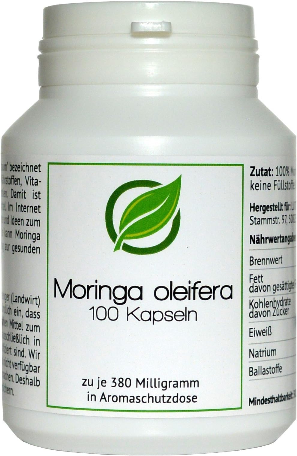 Moringa (Moringa oleifera) - 100 Capsules of Premium Quality, Each of 380 milligrams - 100% Natural (Aroma Protection Container)