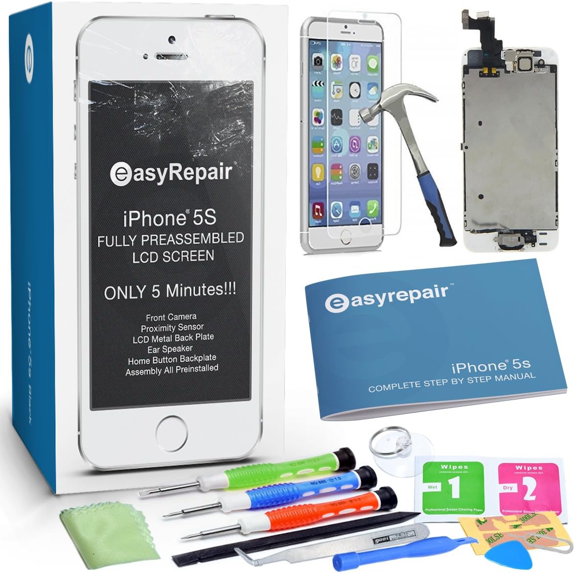 EasyRepair - iPhone 5S White Gold Replacement Screen LCD Display - Only 5 min Repair - Full Assembly - Premium Tool Kit, Step by Step Book Camera Ear-Speaker Flex Already Assembled - Screen Protector