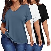 Ficerd 3 Pack Plus Size V Neck T-Shirts for Women, Short Sleeve Split Side High Low Hem Tunics Tops Basic Summer Tee Blouses