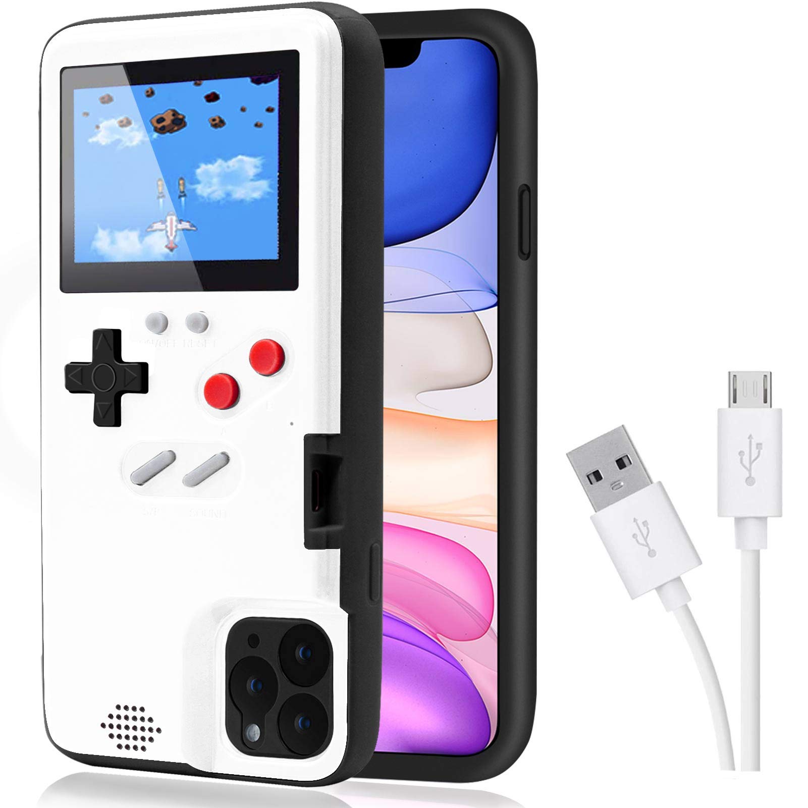 DIKKAR Game Case for iPhone, Retro Protective Case with Own Power Supply, 36 Small Games, Colour Display, Video Game Case for iPhone 11 Pro (White)