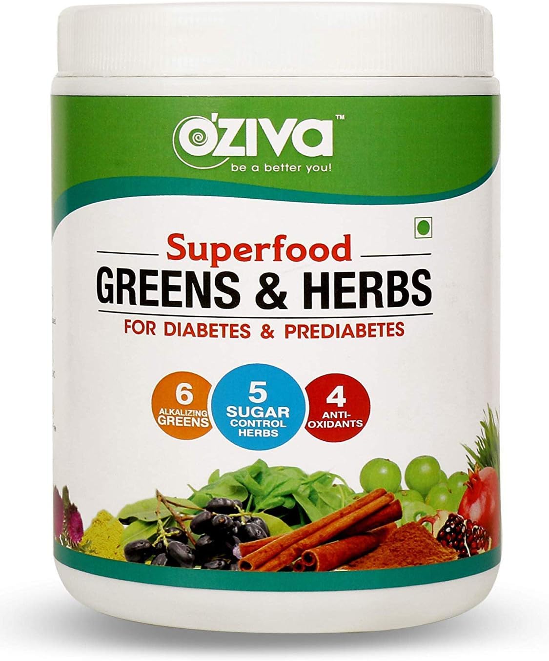 OZiva Superfood Greens & Herbs, for Diabetes & Prediabetes (with Gymnema, Fenugreek Seed, Milk Thistle, Jamun Seeds & More), 250g