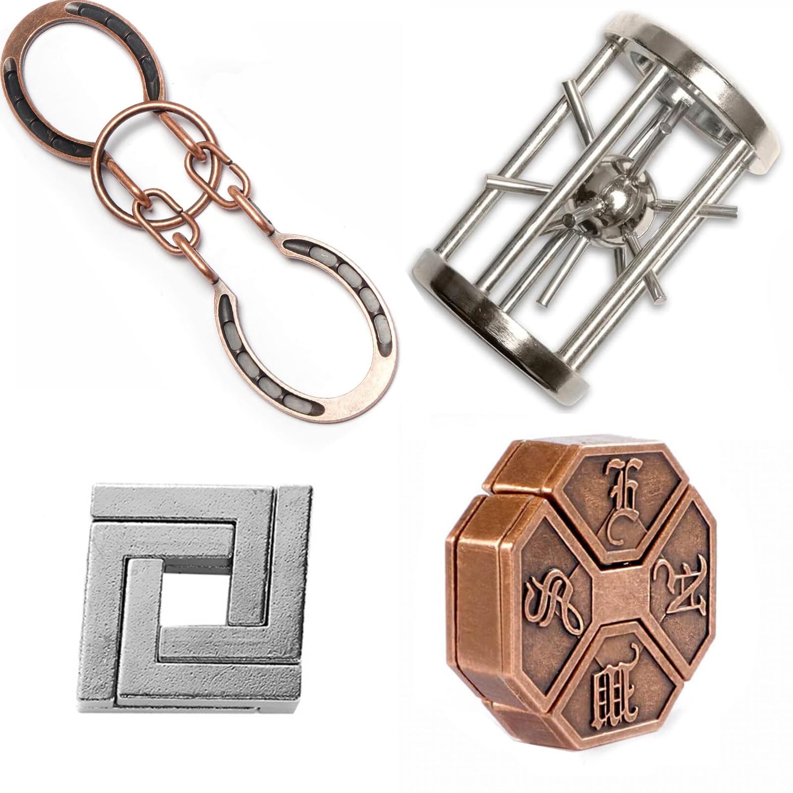 RoseFlower Set of 4 Metal Brain Teaser and Puzzle Set, IQ Mind Test Toys, Chinese Brain Teasers Buckle Metal Smart Educational High Level Test Cognitive Toy Gift