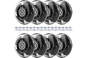Wheelgoo 8pcs Inline Skate Wheels Led Light-Up Wheels 64/70/72/76/80mm w/Bushings 85-88A for Kids and Youth Beginners Children's Inline Skates Indoor/Outdoor Use (Black, 72mm)