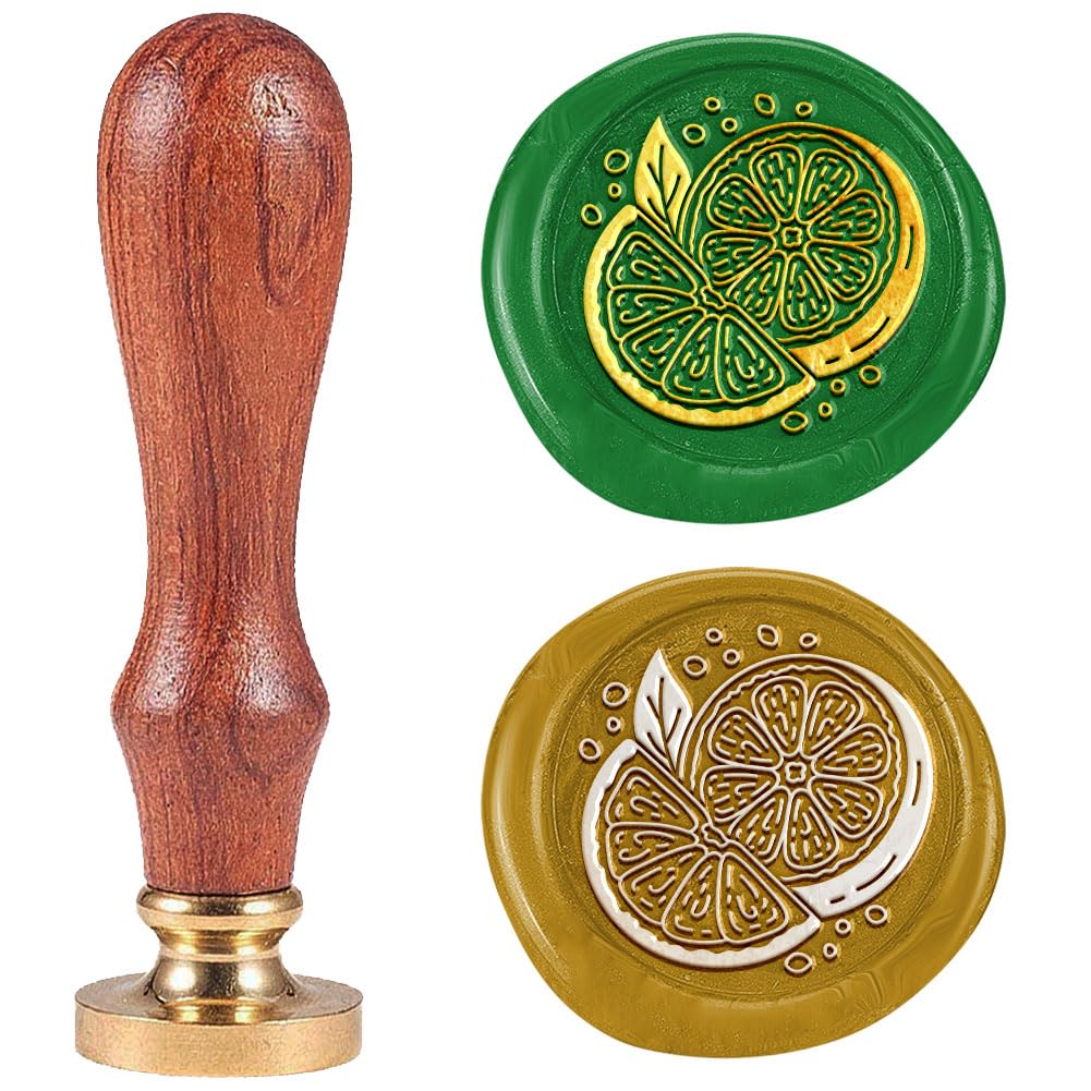 DELORIGIN Lemon Slice Wax Seal Stamp Removable 1" Brass Sealing Wax Stamp Head with Wooden Handle Vintage Embossed Stamp for Envelope Greeting Card Letter Wedding Invitations Wine Gift Wrapping Decor