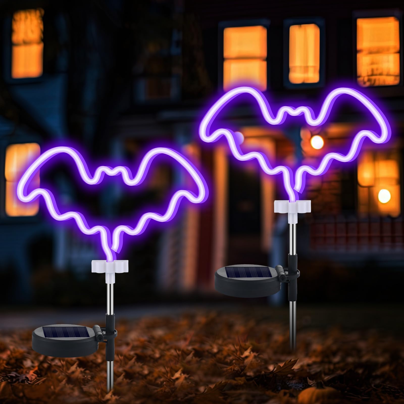 Photo 1 of Glooglitter 2 Pcs Halloween Decoration Outdoor Solar Halloween Garden Stake Lights Neon Solar Outdoor Waterproof Decoration with Stake for Garden Monument Yard Halloween Party Supplies(Bat)