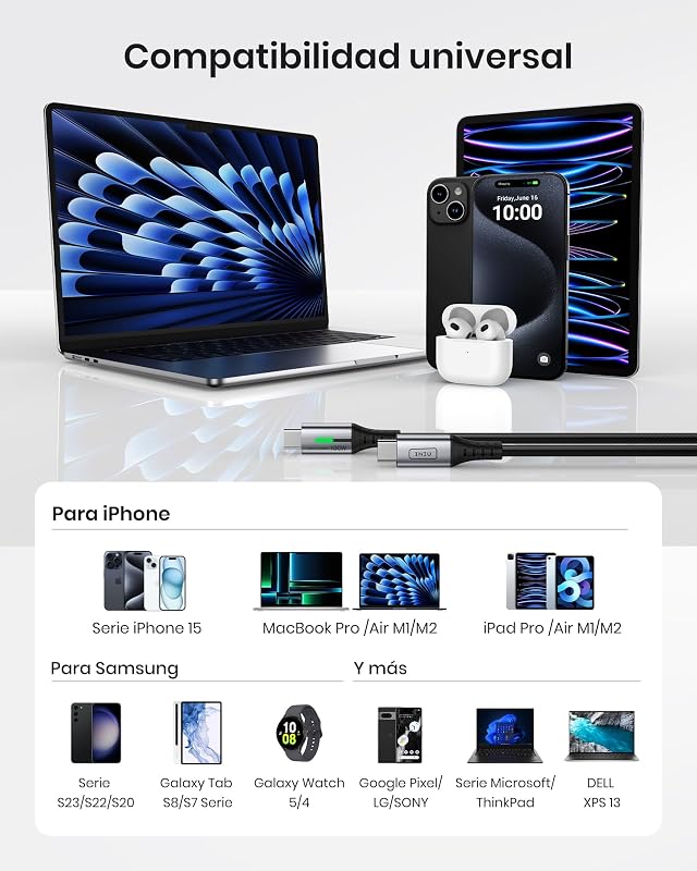 Cable USB C a USB C 100W, 2m Cable USB C PD QC Carga Rapida Cargador