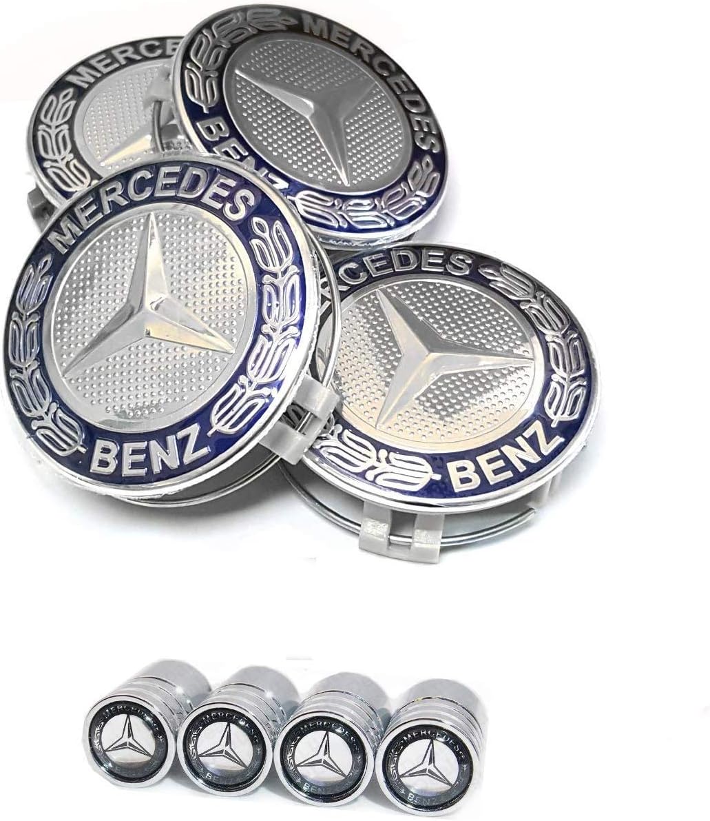 FORTEN CAR 4X Hub Caps 75mm - Class A B C E CLK GL M ML SLK - for Alloy Wheel Rims EOM: A170 400 00 25 Dark Blue with Silver Foil