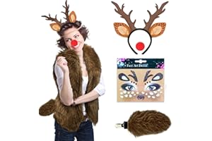 AUSEJOPEAC Christmas Deer Costume Accessories Reindeer Antlers Headband with Fawn Tail for Girls Women Halloween Dress Up Cosplay Party