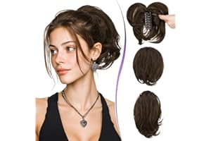 RUWISS Claw Clip Short Human Hair Ponytail Extension with Bendable Metals for DIY Styles, Straight Messy Bun Hair Piece for Women Thick Hairpieces for Daily Wear, 9 Inch Dark Brown