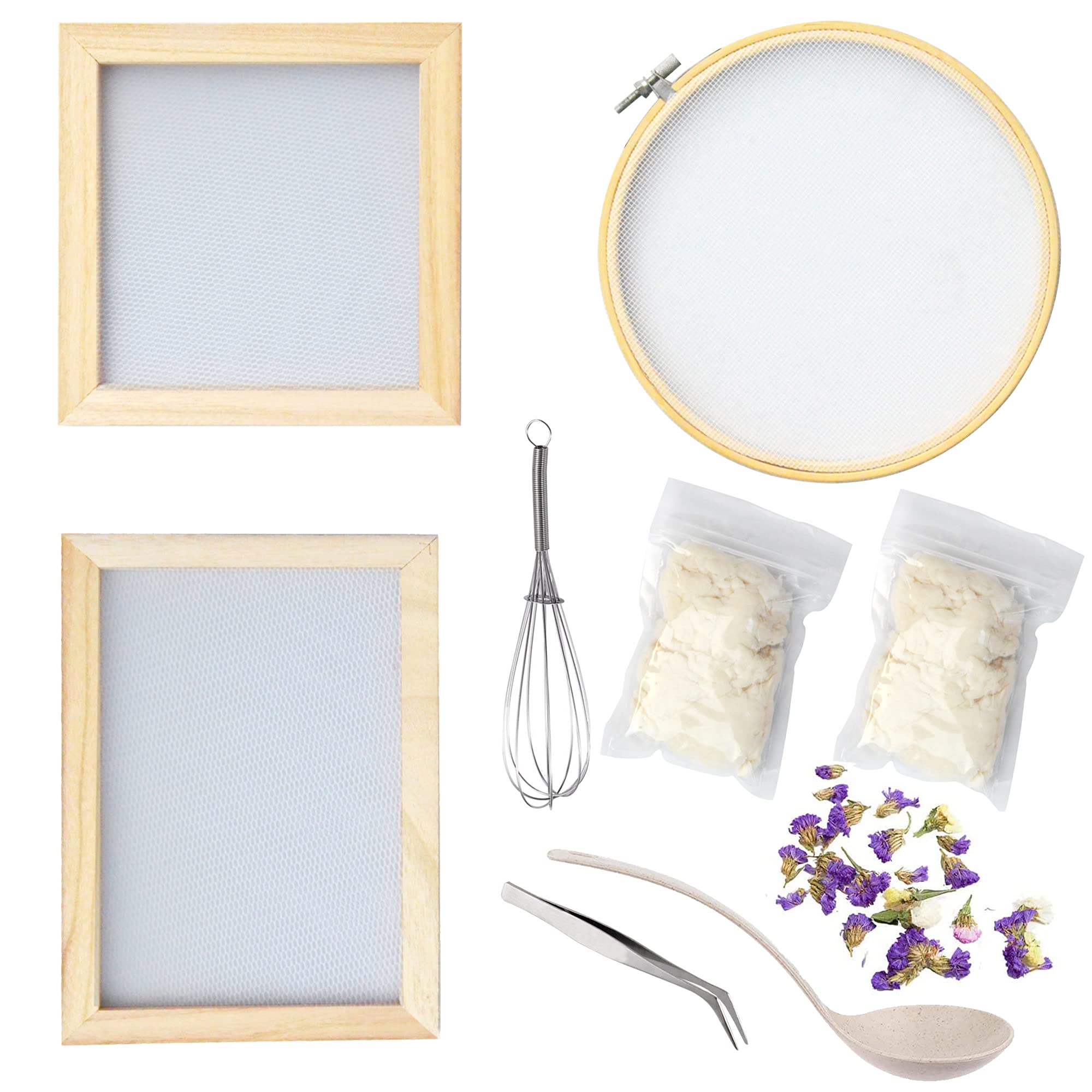 NA Cayway 9 Pack Dried Flower Paper Craft Set Include 3 Pack Mixed Wooden Paper Making Mold Frame, Dried Flowers, Spoon Stirrer