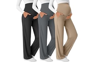Velvelhall 3 Pack Women's Maternity Yoga Pants Over The Belly Pregnancy Pants Wide Leg Lounge Trousers with Pockets