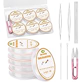 Bupete 6 Rolls Elastic String for Bracelets, 0.4mm, 0.5mm, 0.6mm, 0.7mm, 0.8mm, 1mm Stretchy Bracelet String, Friendship Bracelet String with Scissors, Beading Needles for Bracelets