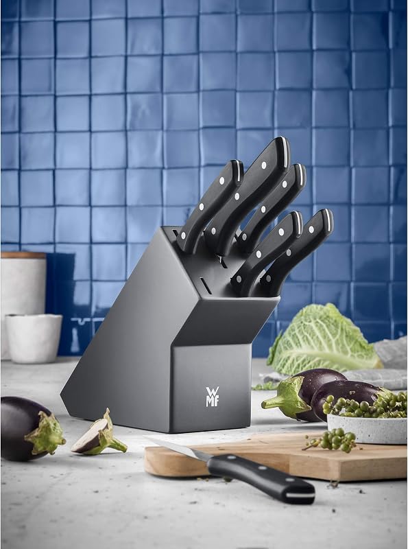 Profi Select - Juego de 7 Piezas, 6 Cuchillos con Soporte de madera lacado en Color Gris, Hoja de Acero Templado con Filo de Larga Duración