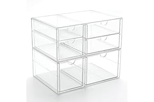 Prsildan Acrylic Drawer Makeup Organizer with 6 Drawers (Not for Baby Bottle), Set of 2 Office Desk Organizers Accessories, Clear Stackable Storage Drawers for Vanity, Craft (Largest Drawer 4" Tall)