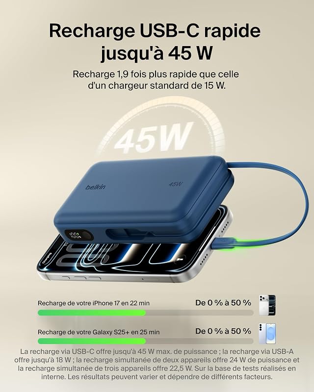 UltraCharge Batterie Externe 20K avec Câble USB-C Et Écran - Bleu