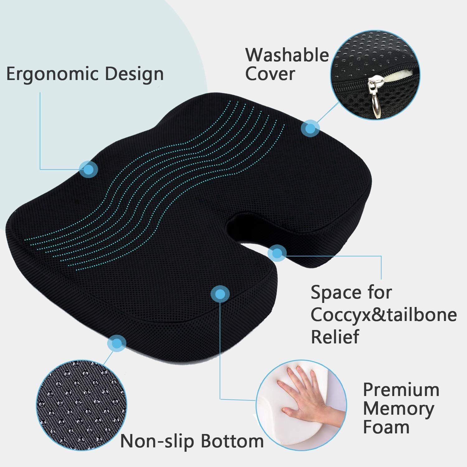 Coccyx Seat Cushion & Lumbar Support Pillow for Office Chair, Car, Wheelchair Memory Foam Chair Cushion for Sciatica, Lower Back & Tailbone Pain Relief Desk Pad with Adjustable Strap 3D Washable Cover : Office Products