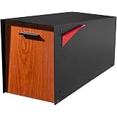 Ilyapa Large Modern Mailbox for Outside - Black &amp; Redwood Grain, Angled | Steel Hinges &amp; Angled Design, Post Mount Mail Boxes for House Outside, Powder Coated Steel, Metal Mailboxes
