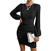 MITILLY Women's Formal Wedding Guest Dress Fall Elegant Long Sleeve Ruched Cocktail Bodycon Mini Dresses with Slit