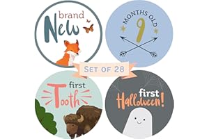 RubyRoo Baby Milestone Stickers - Baby Month Stickers for Baby Boy - 28 Pack - Includes 12 Monthly,1st Year Milestones & First Holidays - Perfect Baby Shower & Newborn Birthday Gift (Woodland)