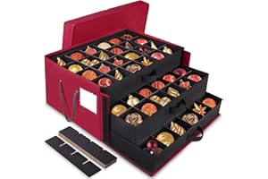 BlessedSeason Christmas Ornament Storage Box，Stackable 3 Drawer Organizers，Max 72 3" Christmas bauble, Adjustable Christmas Ball Storage Container Bins, Red