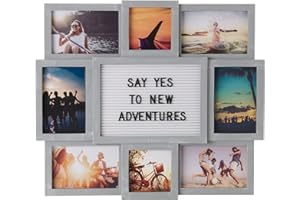 Melannco Customizable Letterboard 8-Opening Photo Collage, 19 x 17 inch,Distressed Grey