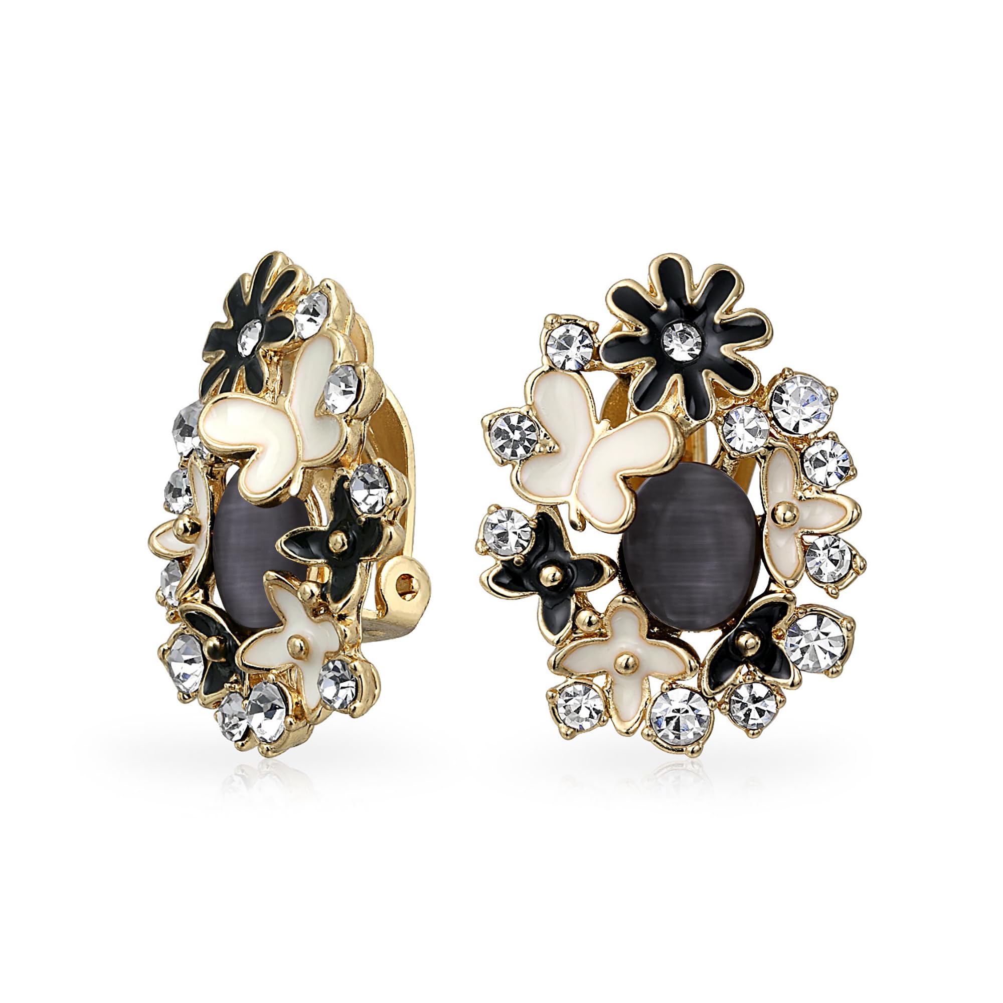 Black White Butterflies Flower Cats Eye Garden Clip On Earrings For Women Non Pierced Ears Gold Plated Brass — image 1