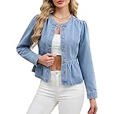 EZAPINE Jean Jacket for Women Peplum Hem Puff Long Sleeve Button Down Collarless Round Neck Denim Jacket Top