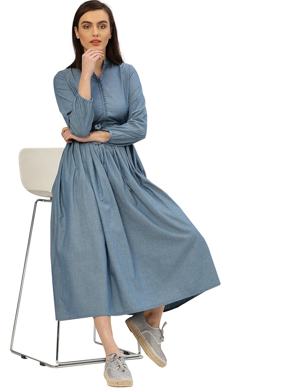 desi fusion women's a-line blue solid cotton handloom dress