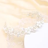 Oriamour Wedding Headbands With Ceramic Flowers Bridal Wedding Headpieces For Women Girls Pearls Headband With Leaves Desgin (Silver)
