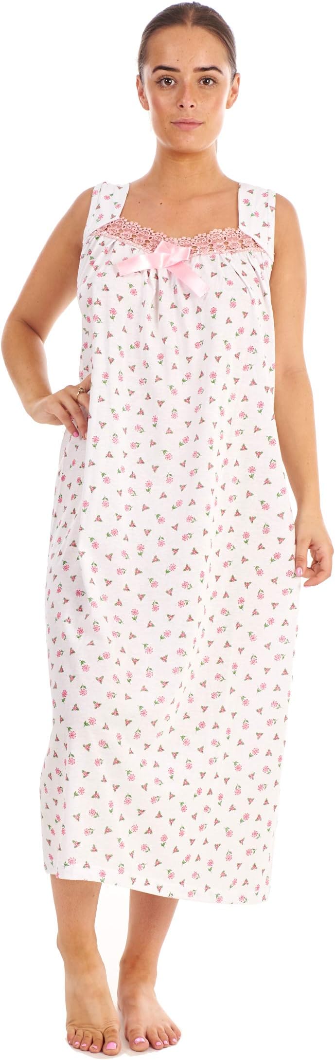 Bay eCom UKLadies' Nightwear, 100% Cotton Sleeveless Long Nightdress with Floral Print, M to XXXL, Blue, Pink, Lavender, Mint