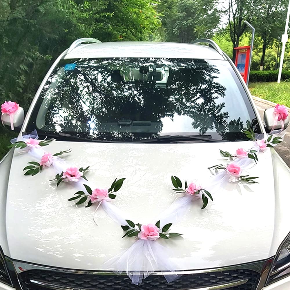 Organza Garland Car Jewellery Bride Couple Roses Wedding Decoration Flower Car Wedding Car Rear View Mirror Decoration for Wedding Car Wedding New Houses Party Celebration White Tulle+Pink Flowers