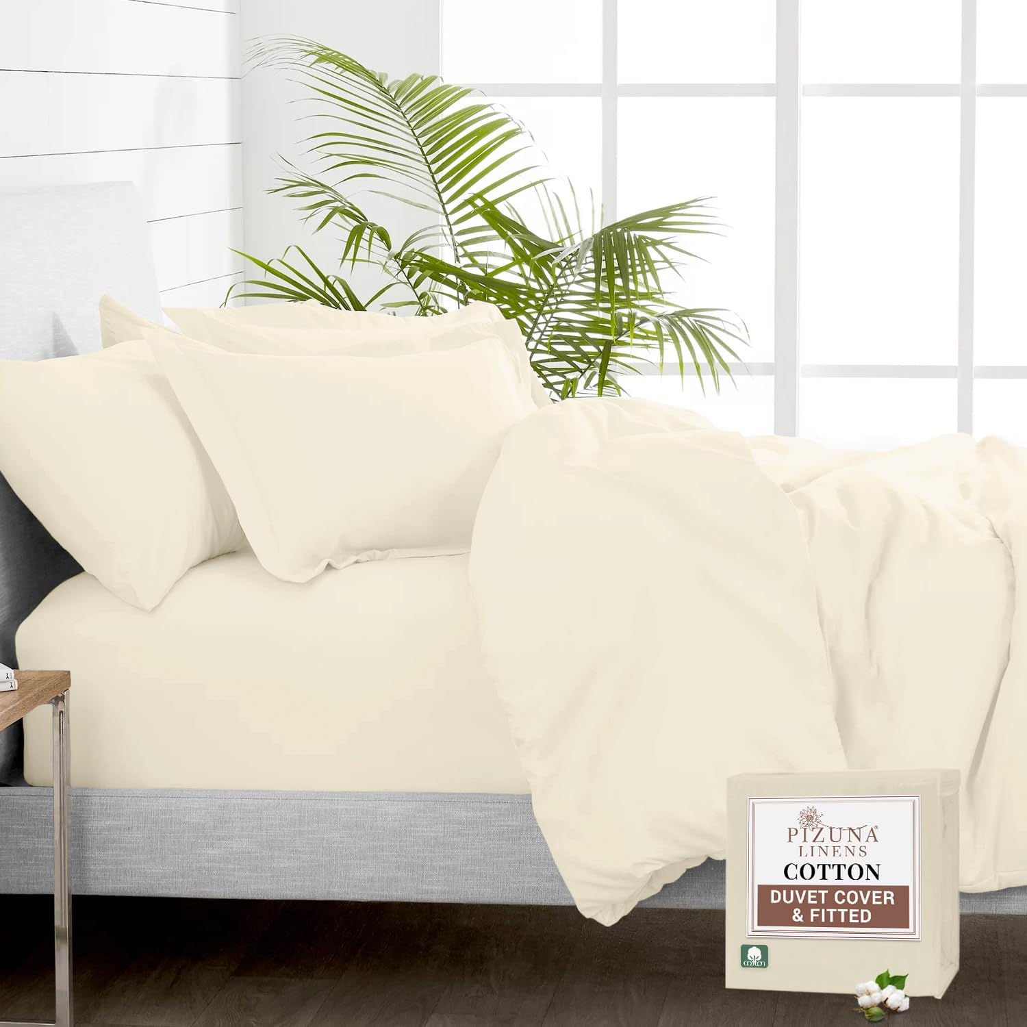 Pizuna Pure 100% Cotton King Size Duvet Cover Sets with King Size Fitted Sheets New Ivory, 400 Thread Count Long Staple Cotton Bedding Set, Soft Sateen Weave Quilt Cover Set & 40 cm Deep Fitted Sheets