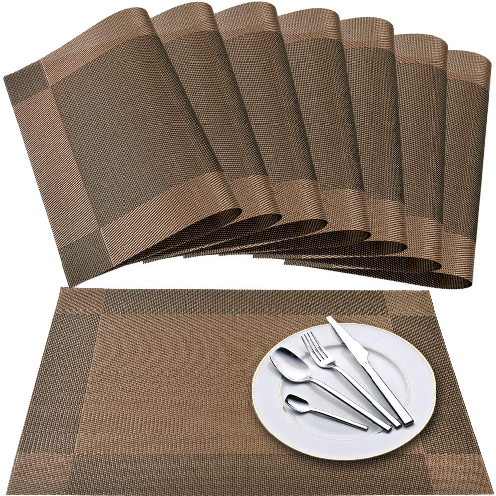 Newk Placemat, Crossweave Vinyl Woven Table Mats, Non-Slip Insulation Washable Table Mats Set (Set of 8, Brown)