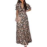 BLENCOT Womens Casual Boho Floral Printed V Neck Short Sleeve Long Evening Dress Ruched Cocktail Party Maxi Wedding Dress