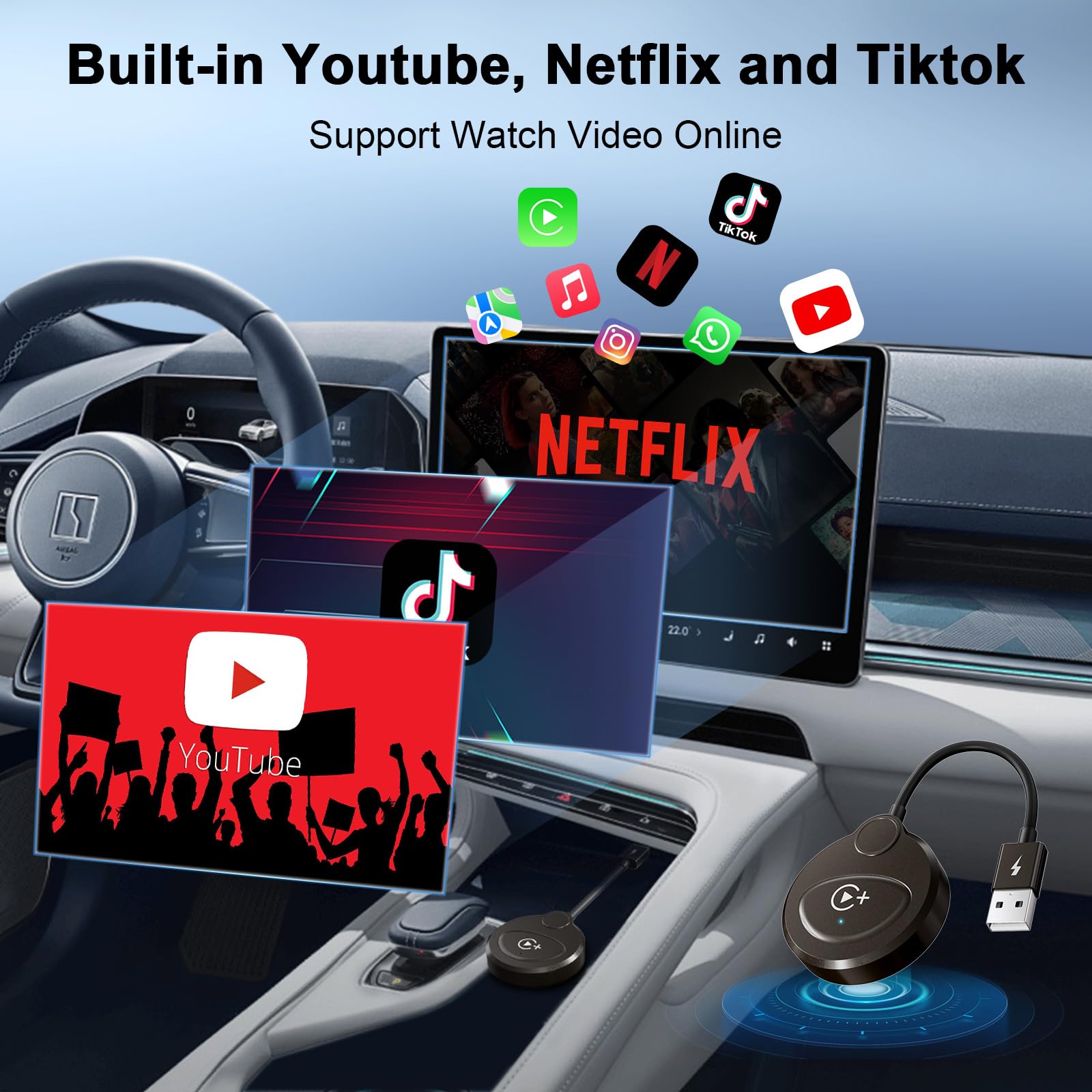 Wireless Carplay Adapter Built in YouTube Net-Flix,Carplay Wireless Magic Box for Wired Car Play to Wire-Less Support YouTube Net-Flix Tiktok Video Play,Easy Plug and Play_Golden