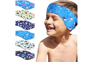 TASHIPPA 6 Pcs Swimming Headbands for Kids, Adjustable Swimming Ear Protection Bands Cute Cartoon Waterproof Swim Headbands for Boys Swimmers Age 1-5, Head Circumference 17.5-20.07 Inch